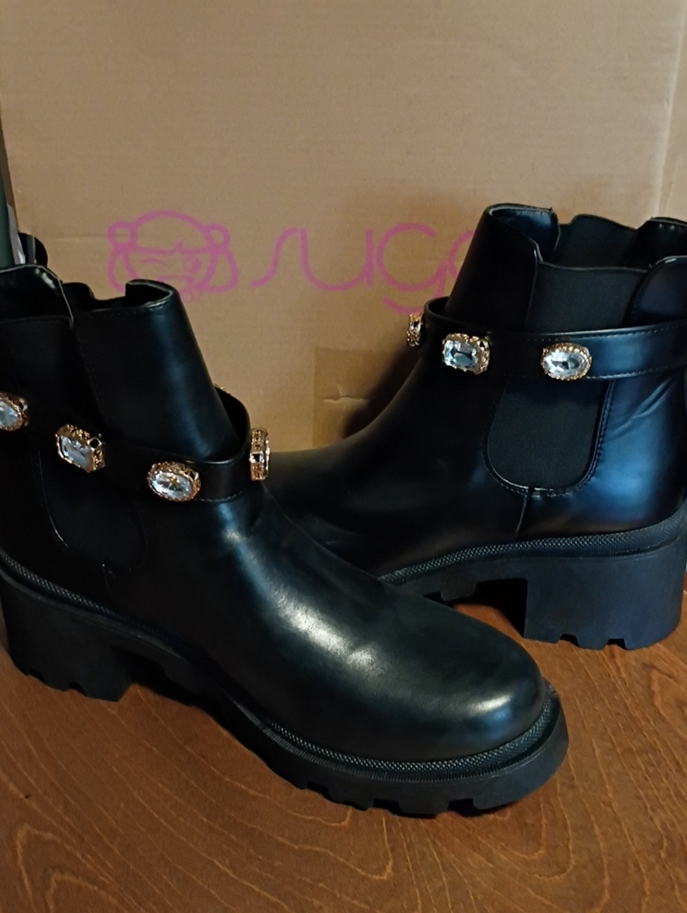 Sugar Black Ankle Boots with Crystal Embellishments